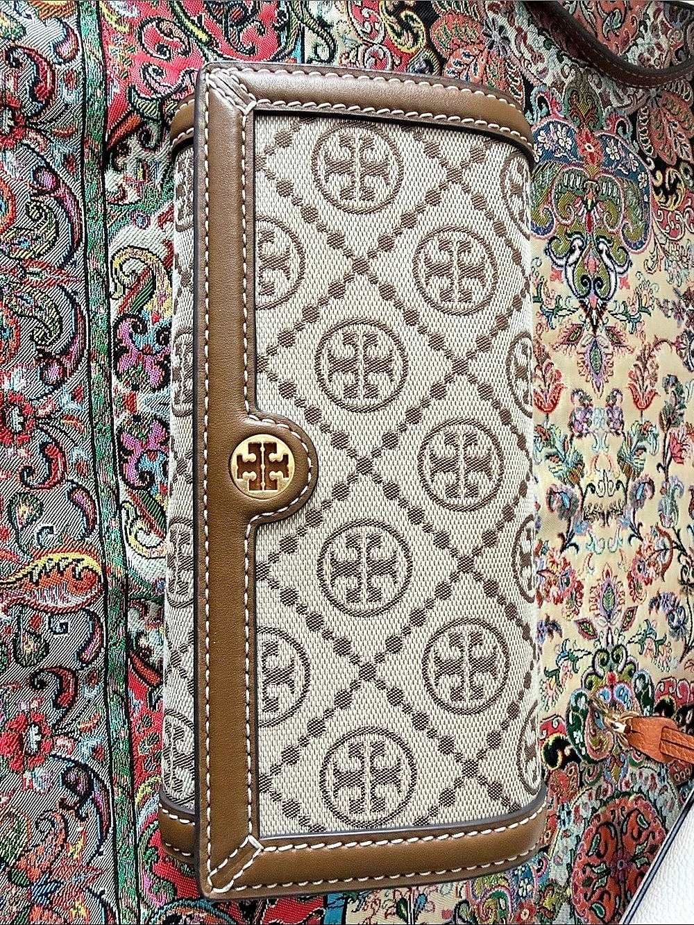 Tory Burch T Monogram Jacquard Chain Wallet Crossbody Brown & Cream - Picture 2 of 6